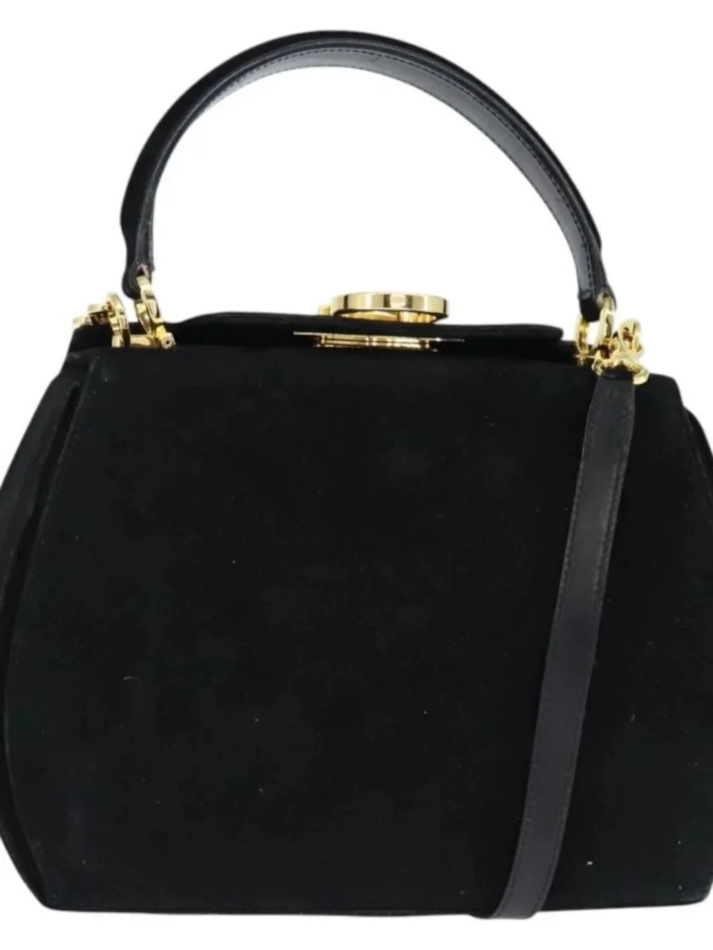 Salvatore Ferragamo Hand Bag Suede 2way Black Gold Auth BA7321